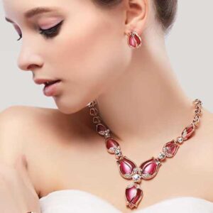 Crystal Stylish Rose Gold Tulip Design Earrings Necklace