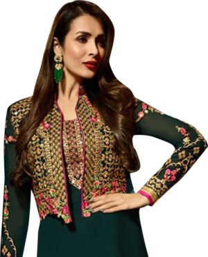 Green Semi Stitched Straight Suit with Heavy Work Koti