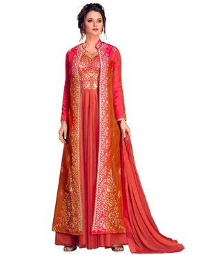 Red Silk With Pure Butterfly Net Semi Stitched Party Anarkali Gown Suit