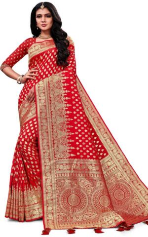 Banarasi Silk Blend Jacquard Saree Red