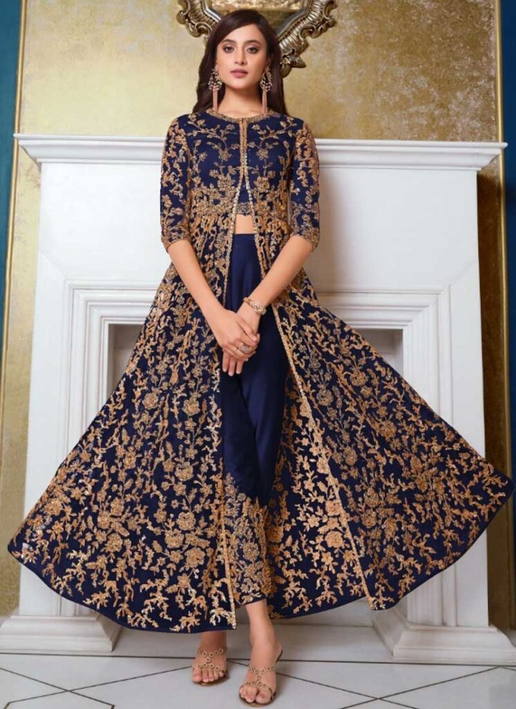 Georgette Anarkali Semi Stitched Gown Navy Blue
