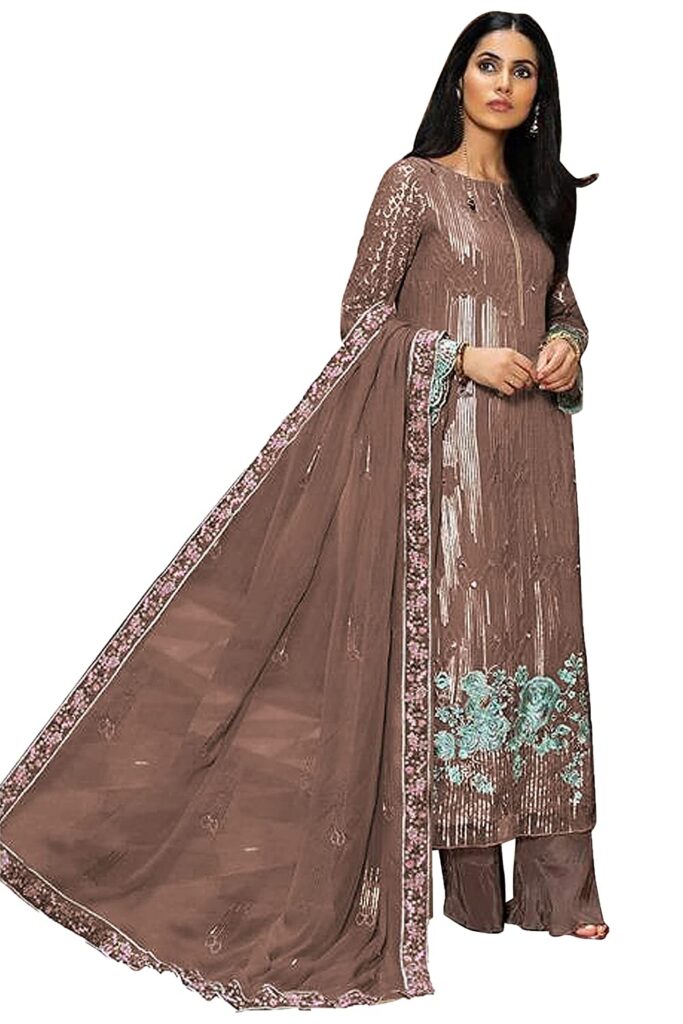 Georgette Embroidered Salwar Suit Brown