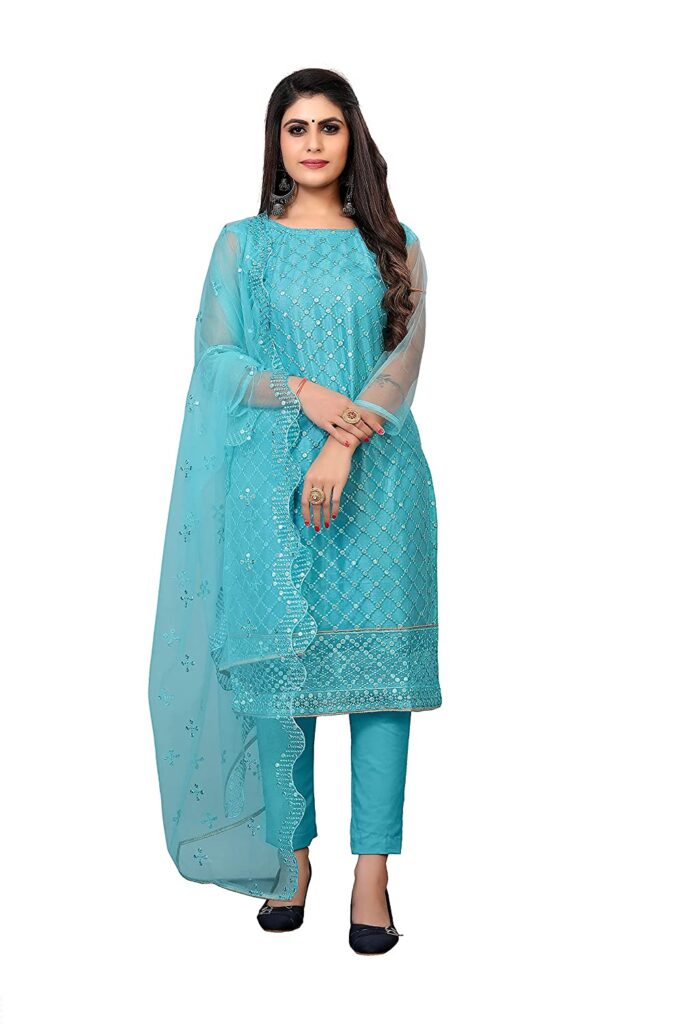 Net Semi-Stitched Embroidered Salwar Suit Blue