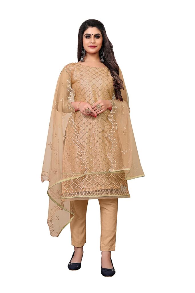 Net Semi-Stitched Embroidered Salwar Suit Brown