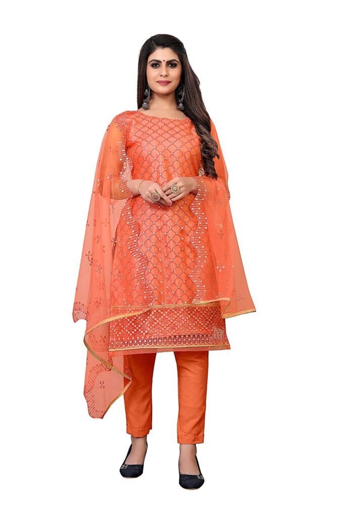 Net Semi-Stitched Embroidered Salwar Suit Orange