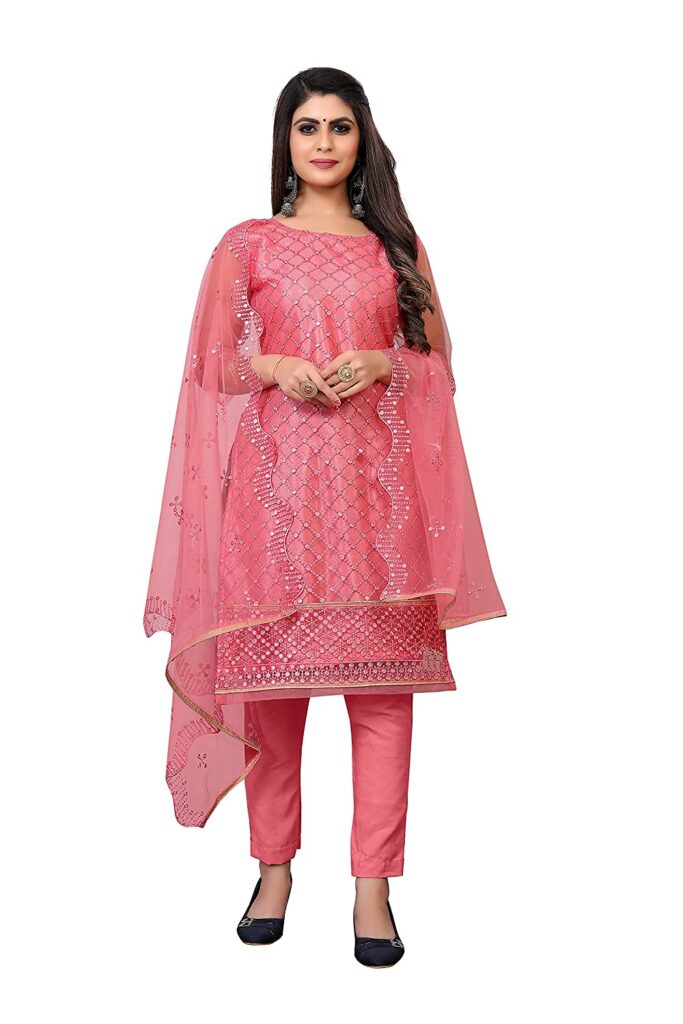Net Semi-Stitched Embroidered Salwar Suit Pink