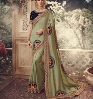 Vichitra Silk Multi Work and Stone Work Pista Colour Party Wear Saree1