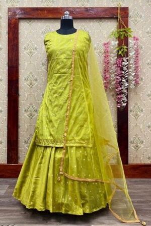 Designer Mehndi Green Sequence Work Silk Gown with Top and Dupatta