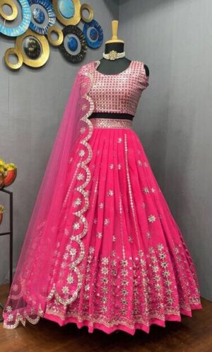 Pink Georgette Lehenga Choli With Embroidery Sequence Work Lehenga With Soft Net Dupatta