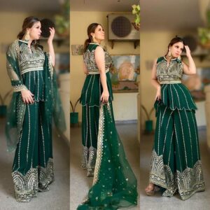 Dark Green Georgette Embroidery And Sequence Work Peplum Kurti Sharara