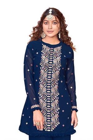 Georgette Embroidered Kurta and Palazzo Material Blue