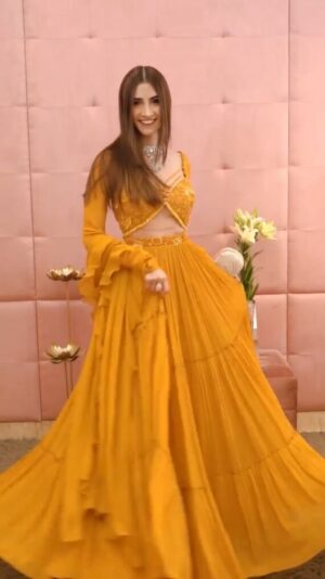 Mustard Yellow Designer Georgette Embroidered Lahenga Choli