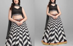 Black And White Zigzag Stripe Patterned Digitally Printed Lehenga