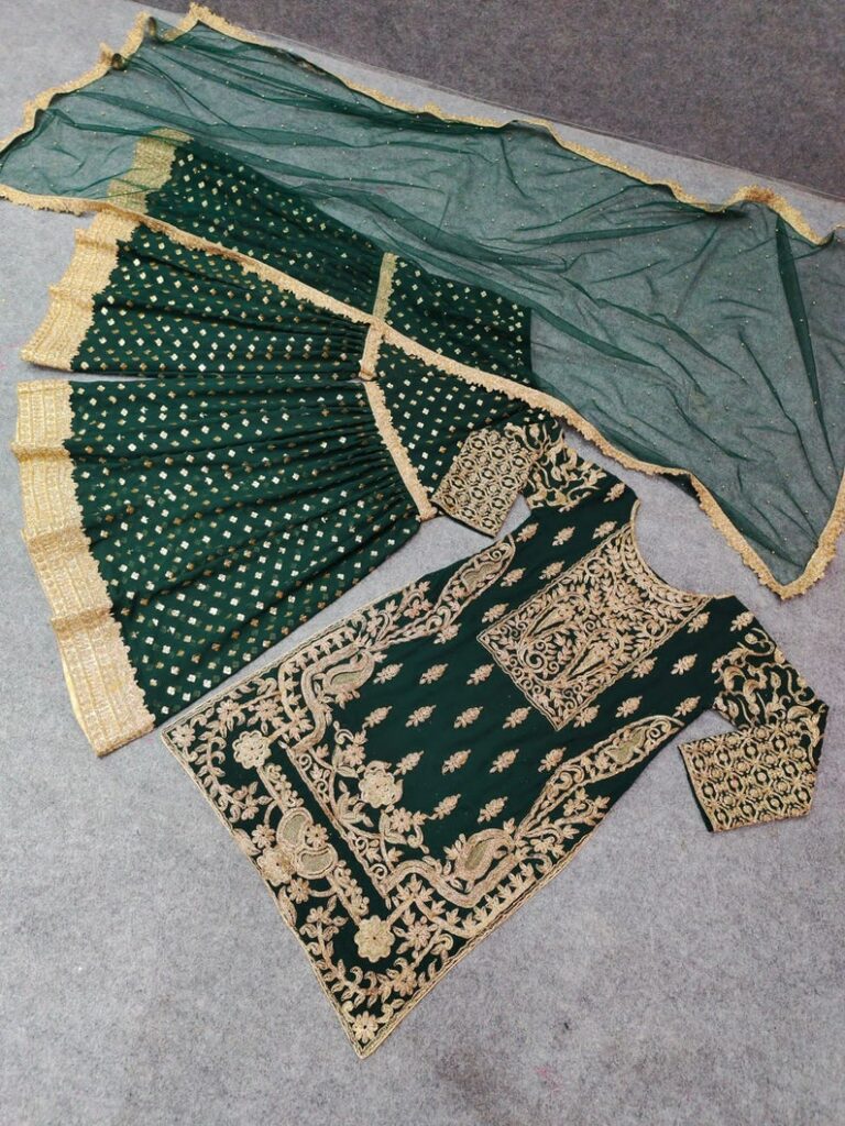 Bottle Green Georgette Heavy Embroidery Work And Punjabi Sharara Suit