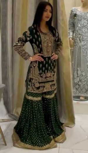 Bottle Green Georgette Heavy Embroidery Work And Punjabi Sharara Suit