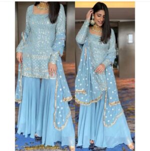 Georgette Sky Blue Sharara Gharara Suit With Fancy Dupatta Set