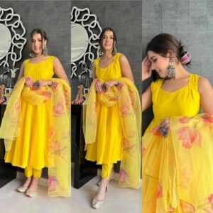 Yellow Anarkali Salwar Suit With Floral Print Dupatta