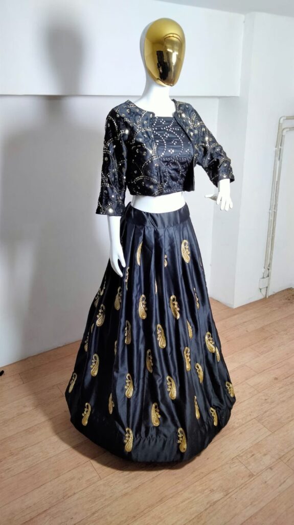 Black Colour Malay Silk Embroidery Work Lehengha Choli
