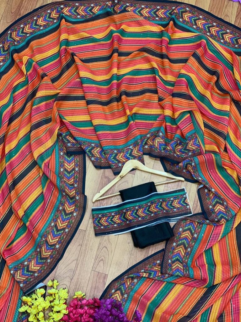 Georgette Embroidery And Sequence Work Saree With Silk Blouse Piece