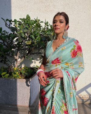 Digital Print Satin Silk Saree With Fancy Lace And Banglory Silk Blouse Piece