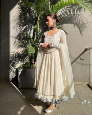 Designer Off White Fox Georgette Paper Mirror Work Gown With Dupatta