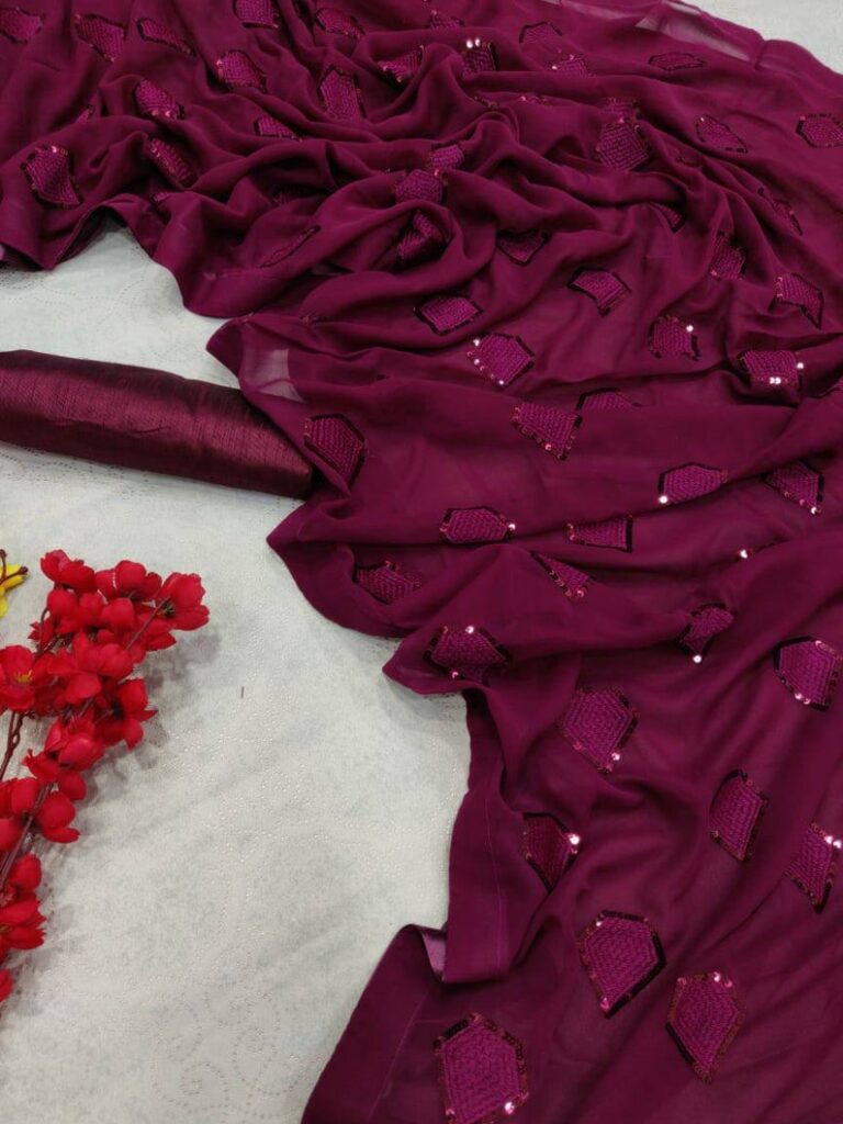 Georgette Embroidered Sequence Work Sarees With Blouse Piece