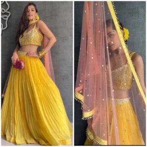 Yellow Colored Georgette Embroidery Work With Soft Net Dupatta Lehenga Choli