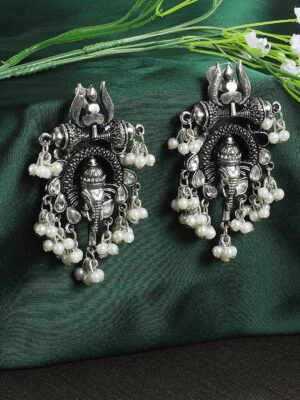 Oxidized Ganesha Trishool Earrings