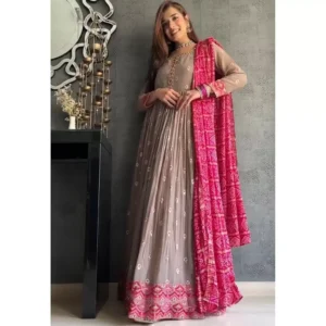 Party Wear Embroidery Work Gown With Dark Pink Dupatta