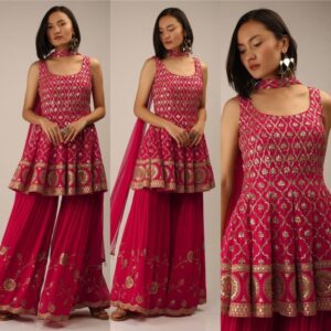 Pink Embroidery Sequence Worked Sharara Suit