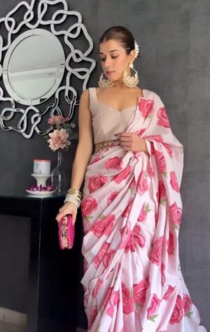 Satin White And Red Rose Printed Saree