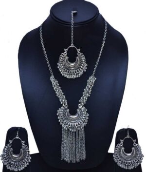 Oxidized Silver Necklace Set With Maang Earrings Set