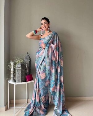 Fancy Digital Printed With Sequence Work Saree