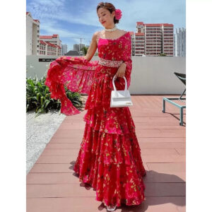 Red Ruffle Lehenga Sari