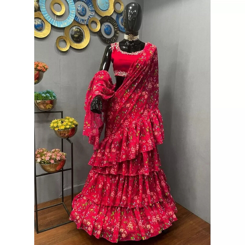 Red Ruffle Lehenga Sari