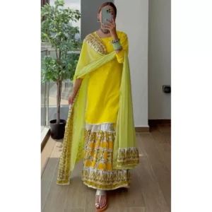 Yellow Georgette Kurti Sharara With Dupatta