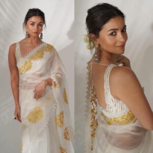 Alia Bhatt White Designer Organza Silk Saree