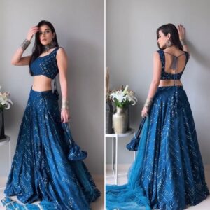 Blue Georgette Sequence Embroidery Work Lehenga Choli With Dupatta