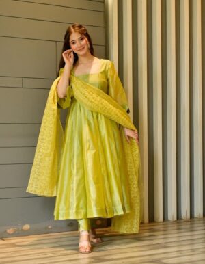 Designer Party Wear Lemon Yellow Organza Silk Embroidery Anarkali Suit