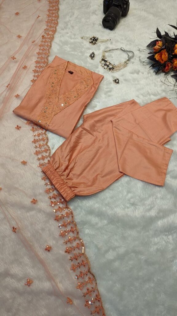 Embroidred Cotton Silk Kurta With Pant And Dupatta