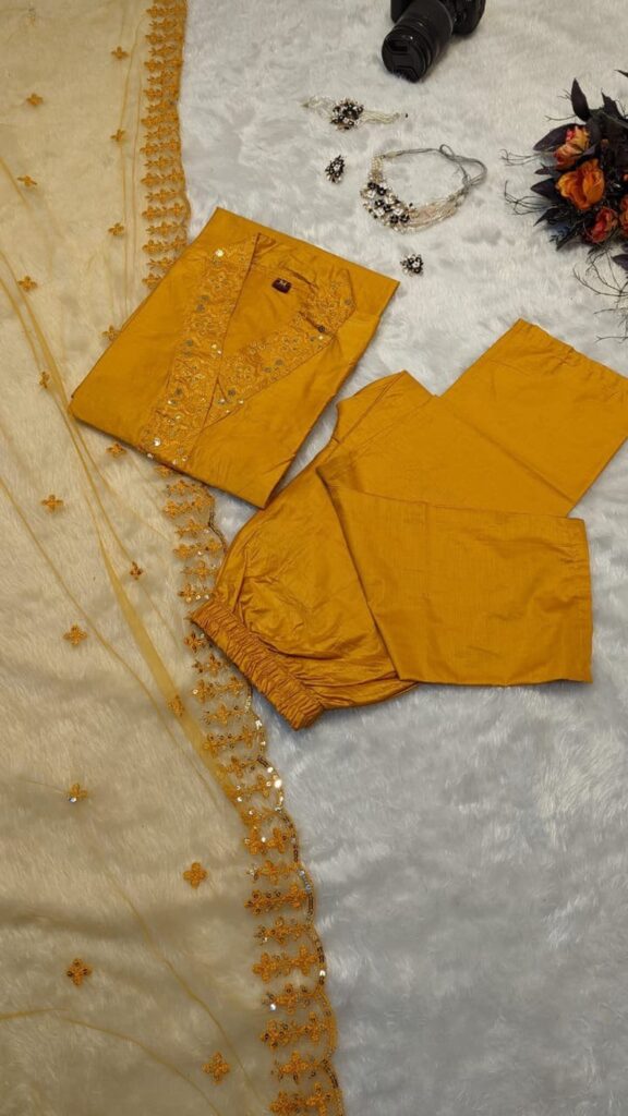 Embroidred Cotton Silk Kurta With Pant And Dupatta