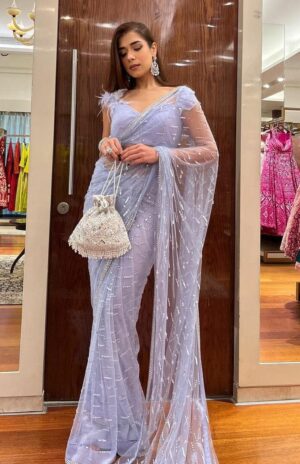 Mono Net Thread Work Saree With Blouse Piece