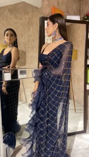 Navy Blue Color Bollywood Style Premium Soft Net Saree with Ruffle Detailing