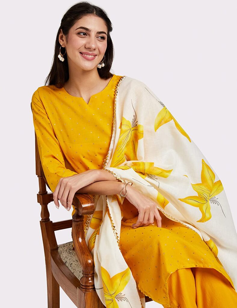 Gold Printed Cotton Kurta Palazzo duptta Set