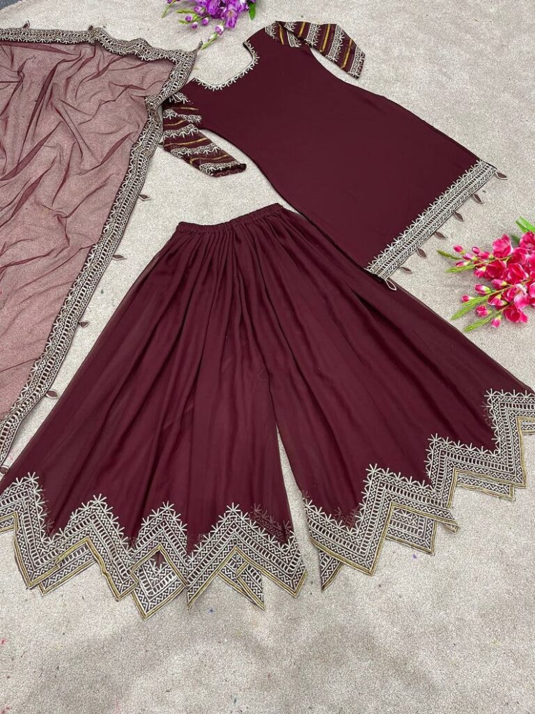 gette Unique Design Embroidery Work With Dupatta Sharara Suit