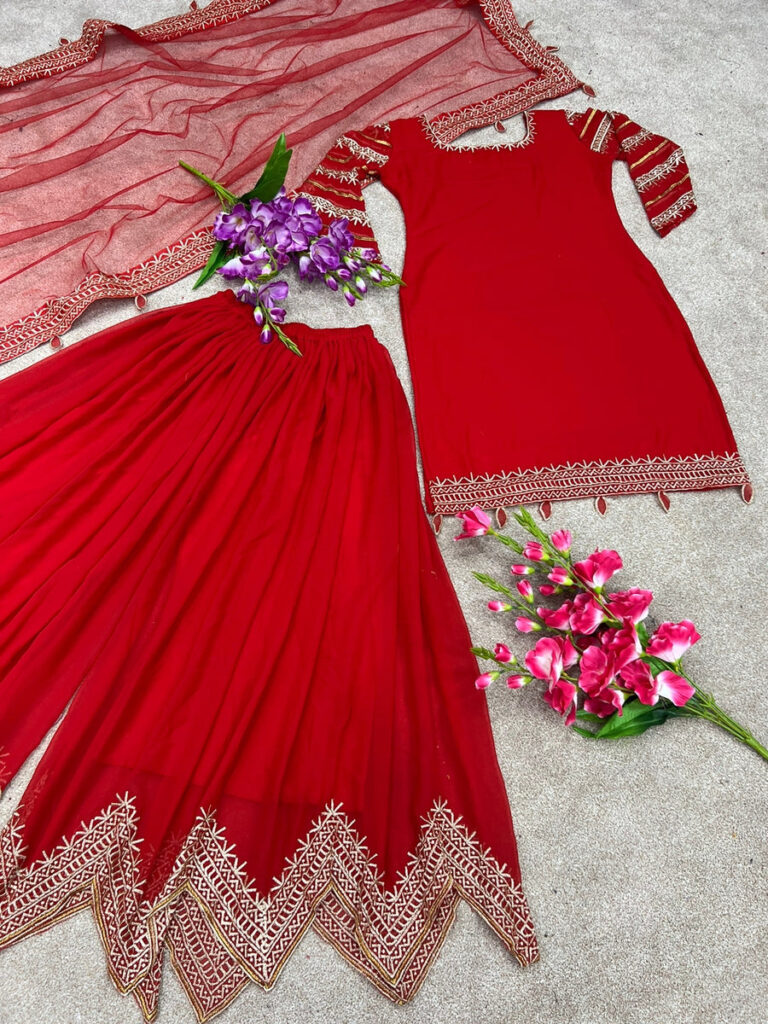 gette Unique Design Embroidery Work With Dupatta Sharara Suit