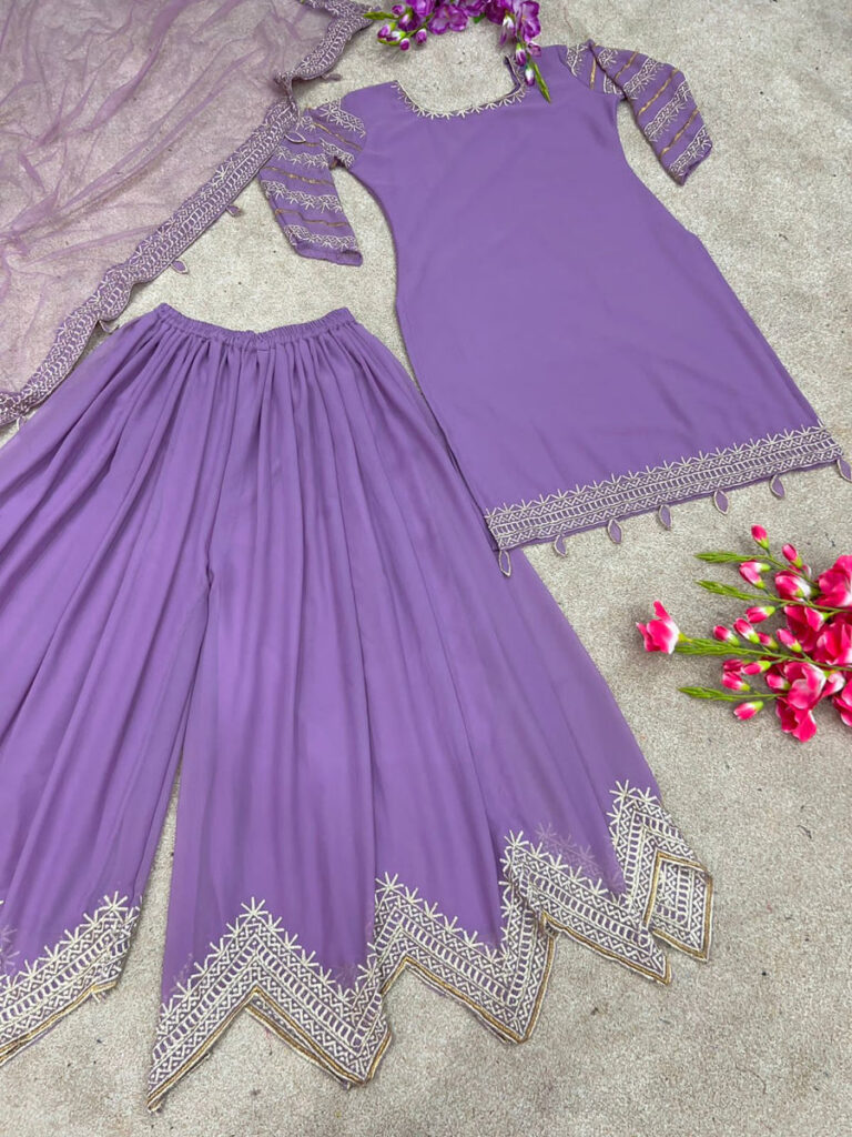 gette Unique Design Embroidery Work With Dupatta Sharara Suit