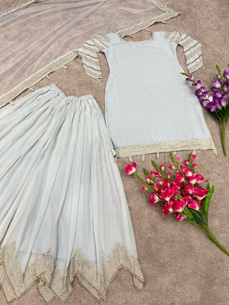 gette Unique Design Embroidery Work With Dupatta Sharara Suit