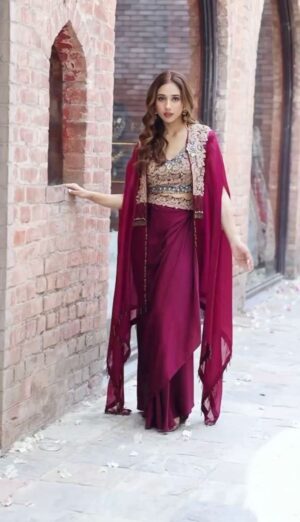 Maroon Color Dhoti Lehenga With Beautiful Embroidered Work Top And Shrug