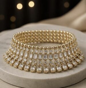 Gold Plated White Kundan Broad Choker Necklace